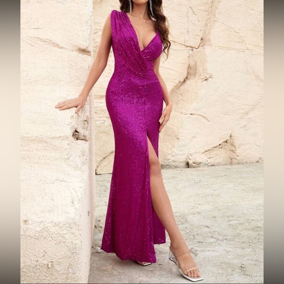 Luxe slit thigh prom wedding party sequins  dress - Picture 3 of 8